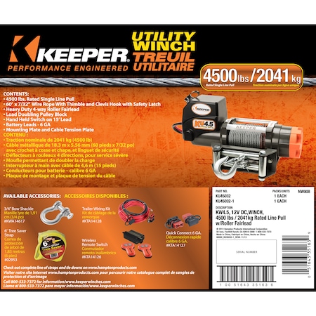 Keeper Utility Winch, 12V DC 4500lbs W/Integrated Sealed Solenoids, Wire Rope KU45032